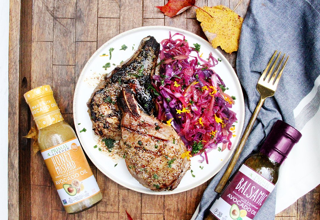 Honey Mustard Pork Chops and Balsamic-Braised Red Cabbage