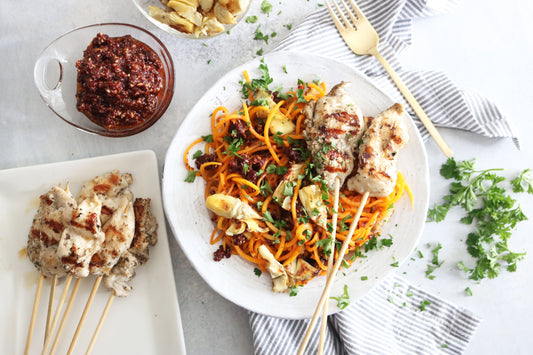 Greek Chicken Kebobs + Butternut Squash Noodles
