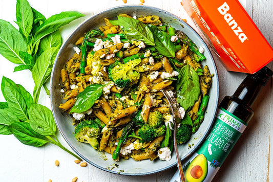 Gluten-free Chickpea Penne with Pesto, Broccoli and Asparagus