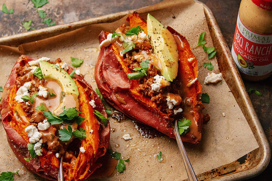 Sloppy Joe-Stuffed Sweet Potatoes with BBQ Ranch Dressing